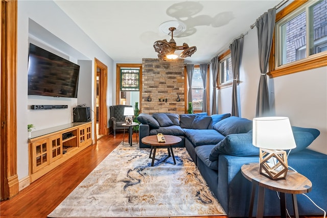 living room with dark hardwood / wood-style flooring