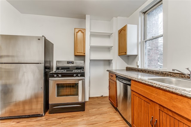 kitchen with appliances with stainless steel finishes, light hardwood / wood-style floors, and sink