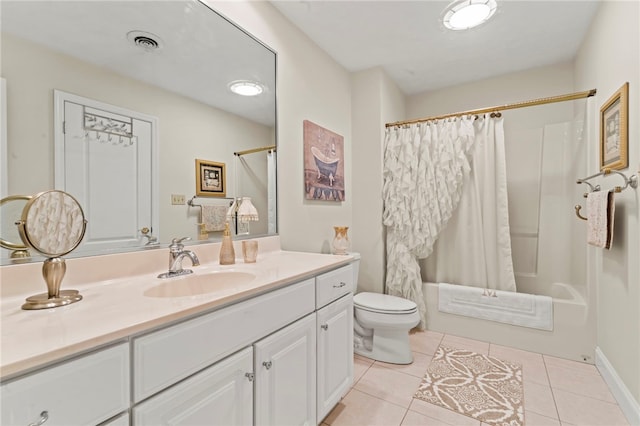 full bathroom featuring vanity, tile patterned floors, shower / tub combo, and toilet