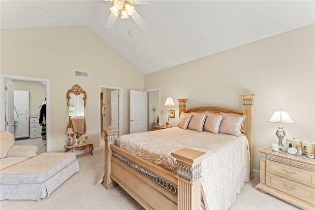 bedroom featuring light carpet, high vaulted ceiling, and ceiling fan