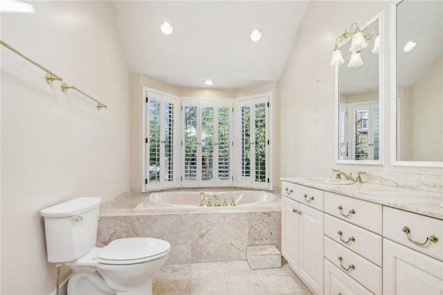 bathroom with toilet, vaulted ceiling, vanity, a bath, and recessed lighting