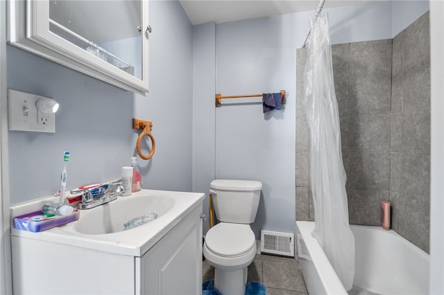 full bathroom featuring toilet, vanity, shower / bath combination with curtain, and tile floors