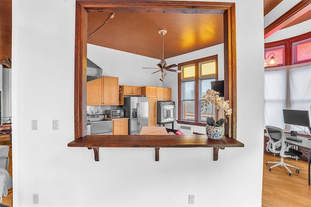 kitchen with ceiling fan, tasteful backsplash, lofted ceiling, stainless steel appliances, and light hardwood / wood-style flooring