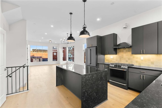 kitchen with backsplash, a center island, high end appliances, decorative light fixtures, and light wood-type flooring