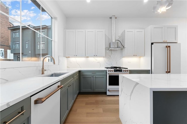 kitchen featuring sink, gray cabinetry, white range with gas cooktop, stainless steel dishwasher, and high end fridge