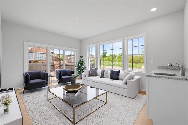 living room with light hardwood / wood-style floors and sink