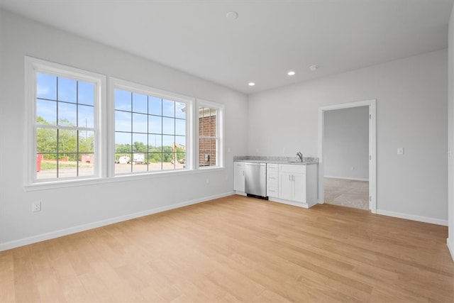 empty room featuring a healthy amount of sunlight, sink, and light wood-type flooring