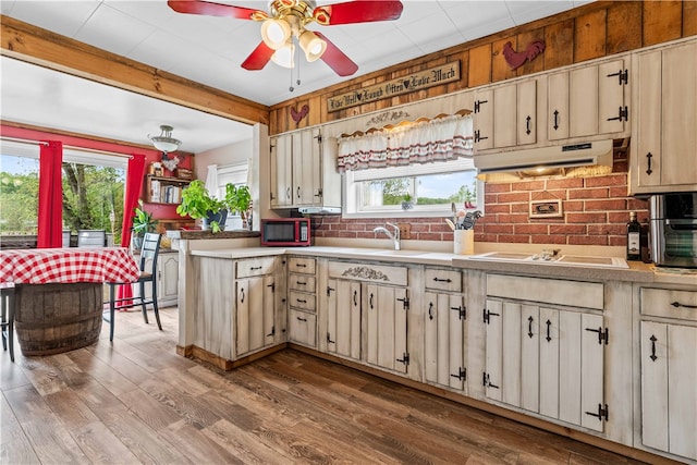 kitchen featuring sink, ceiling fan, and hardwood / wood-style floors