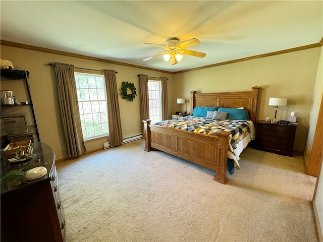 bedroom with crown molding, ceiling fan, carpet floors, and a baseboard radiator