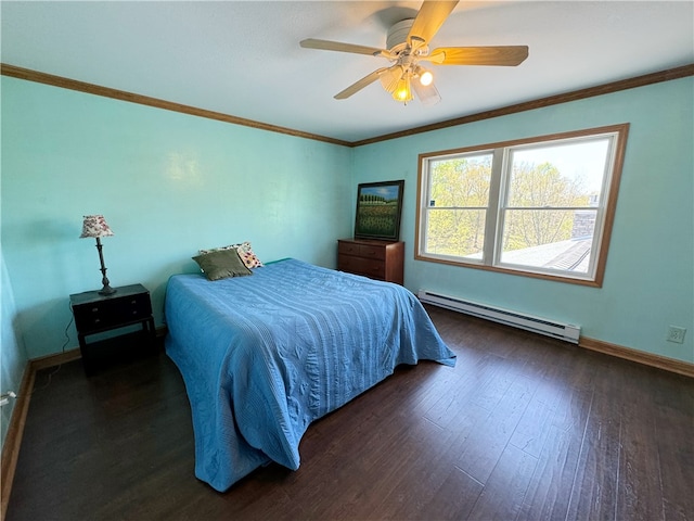 bedroom featuring crown molding, a baseboard radiator, ceiling fan, and dark hardwood / wood-style flooring