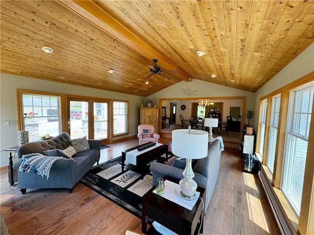 living room featuring vaulted ceiling with beams, hardwood / wood-style flooring, and wood ceiling