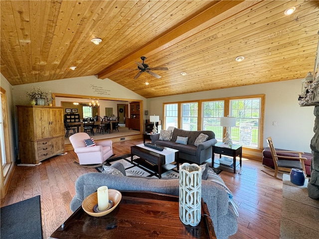 living room with wood-type flooring, vaulted ceiling with beams, ceiling fan, and wooden ceiling