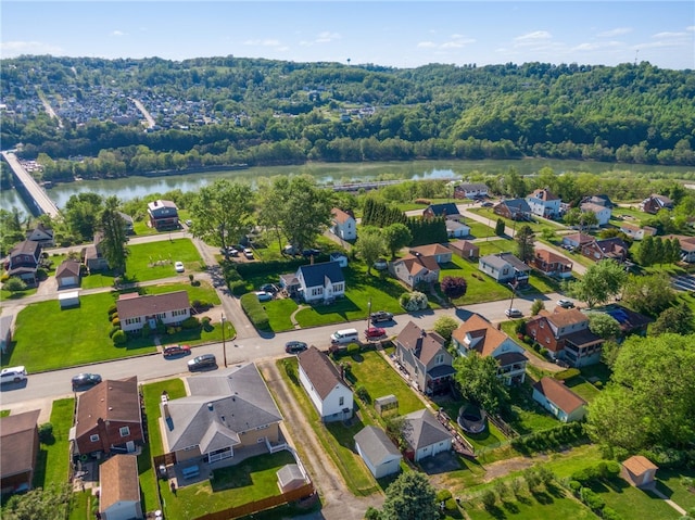 bird's eye view with a water view