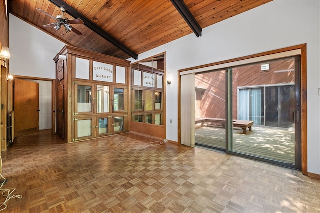 empty room featuring parquet flooring, wooden ceiling, high vaulted ceiling, and beam ceiling