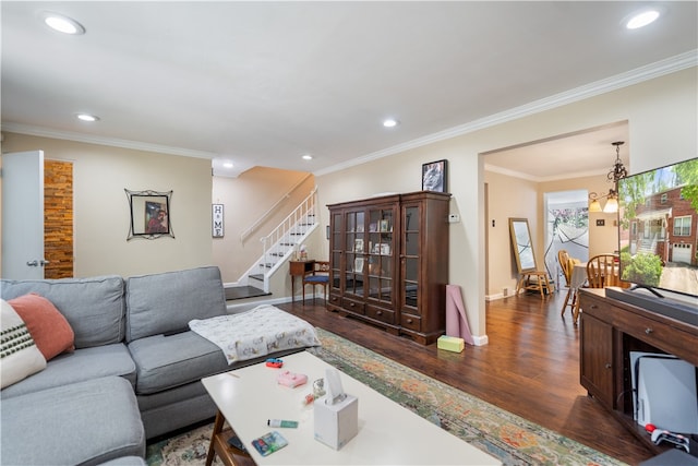 living room with a chandelier, crown molding, and dark wood-type flooring