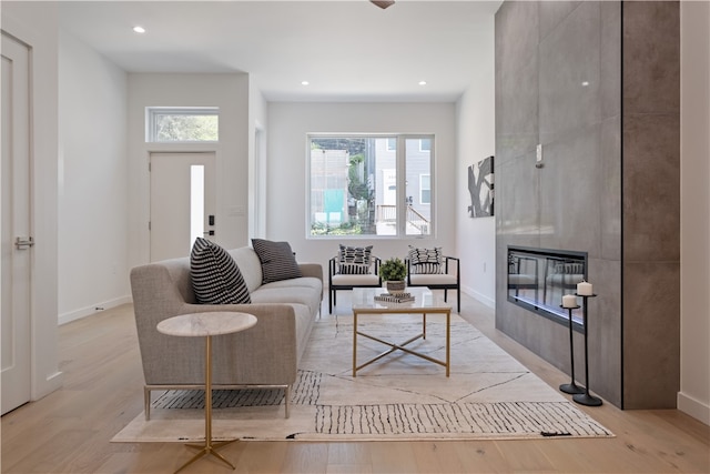 living room featuring a wealth of natural light and light hardwood / wood-style floors