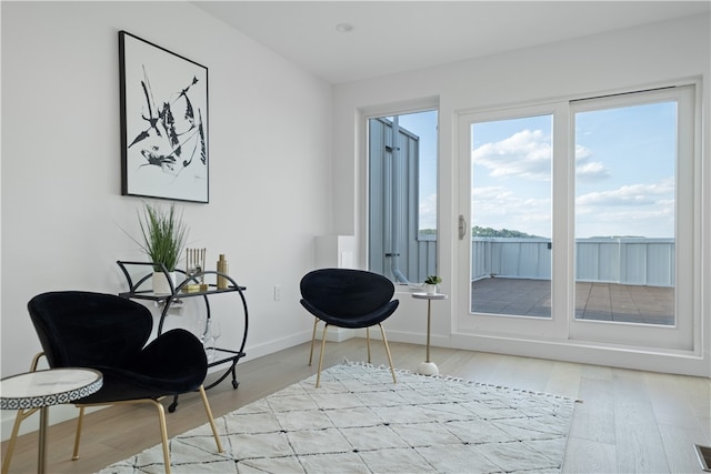 living area with light hardwood / wood-style flooring