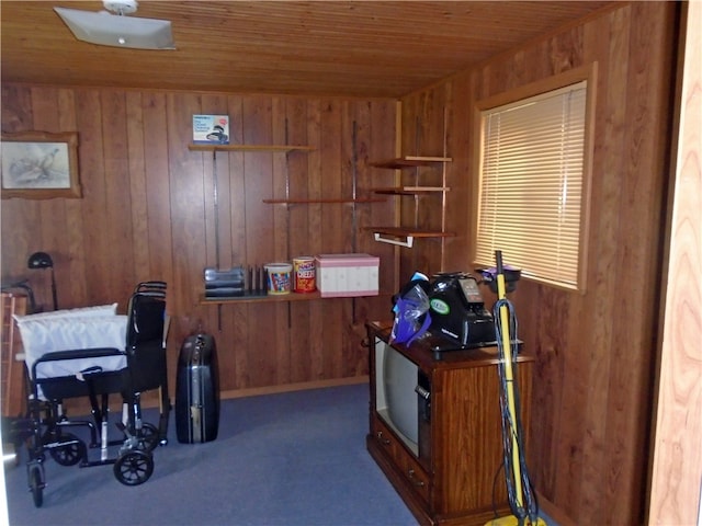 office with wood ceiling and wood walls