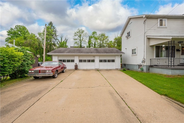 view of property exterior featuring a garage, a porch, and a lawn