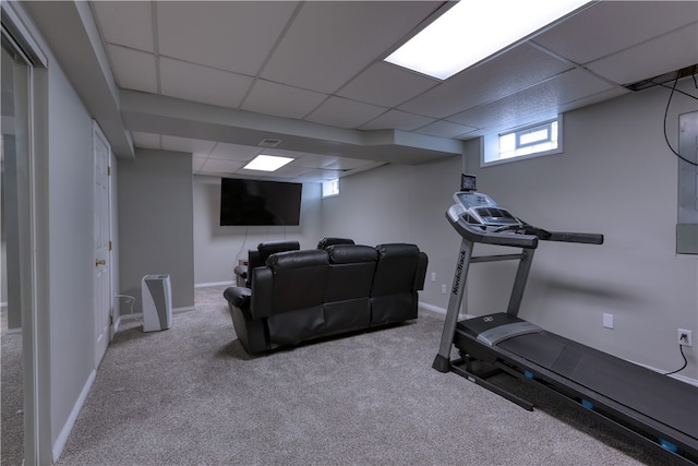 workout area with a drop ceiling and carpet flooring