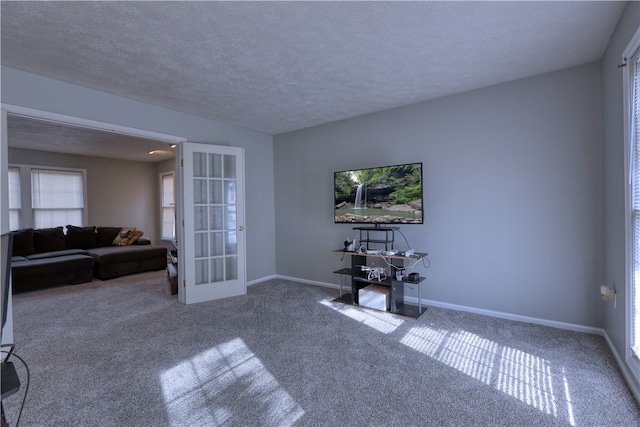 interior space featuring carpet and a textured ceiling