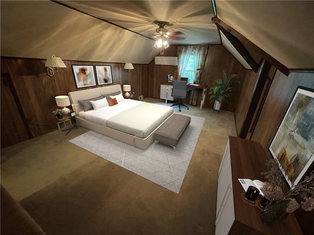 bedroom with lofted ceiling, light colored carpet, wood walls, and ceiling fan