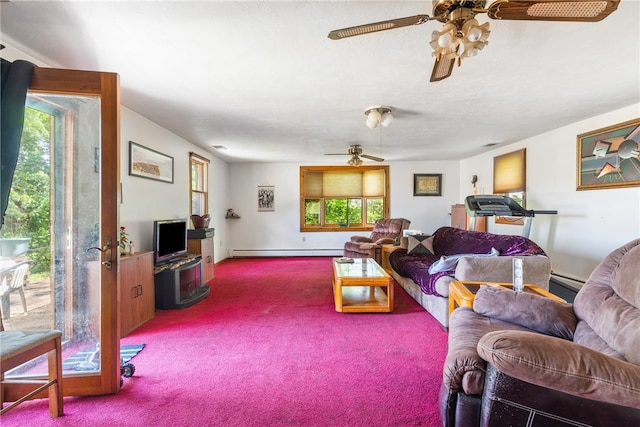 living room with ceiling fan, carpet flooring, and a baseboard radiator