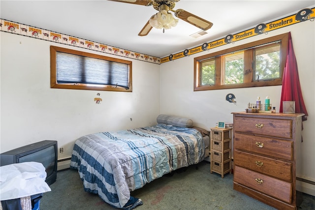 bedroom with dark carpet and ceiling fan