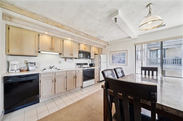 kitchen with light colored carpet, light brown cabinets, black appliances, sink, and pendant lighting