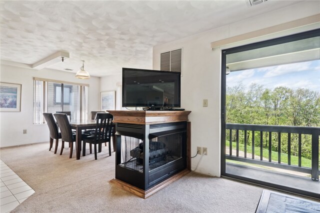 living room featuring a wealth of natural light, a multi sided fireplace, and carpet floors