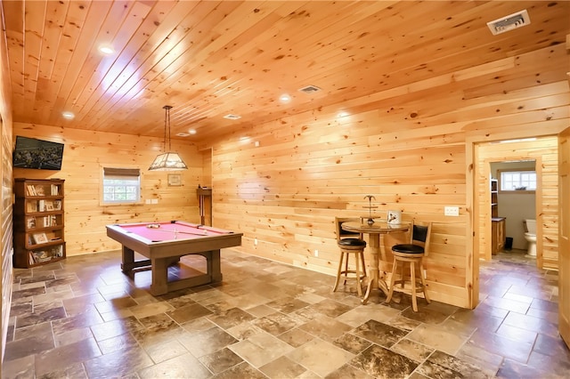 rec room featuring tile flooring, wooden ceiling, wood walls, and billiards