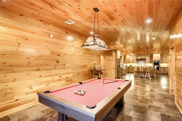 game room featuring tile floors, wooden ceiling, and billiards