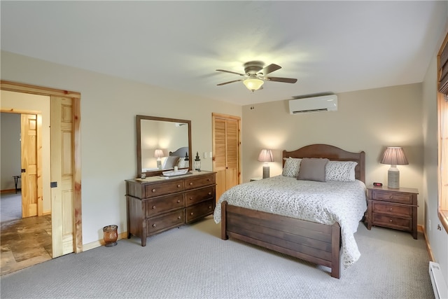 bedroom featuring ceiling fan, light tile flooring, baseboard heating, a closet, and a wall mounted AC