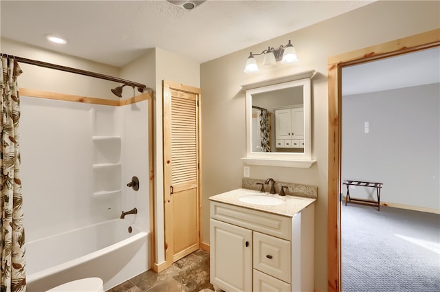 full bathroom featuring shower / bath combo with shower curtain, toilet, tile floors, and vanity