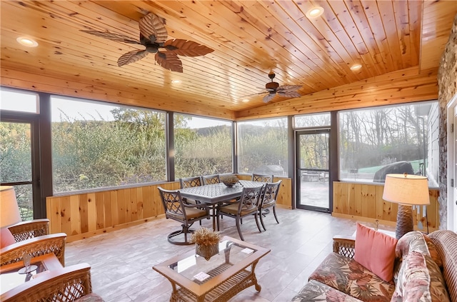 sunroom featuring wood ceiling and ceiling fan