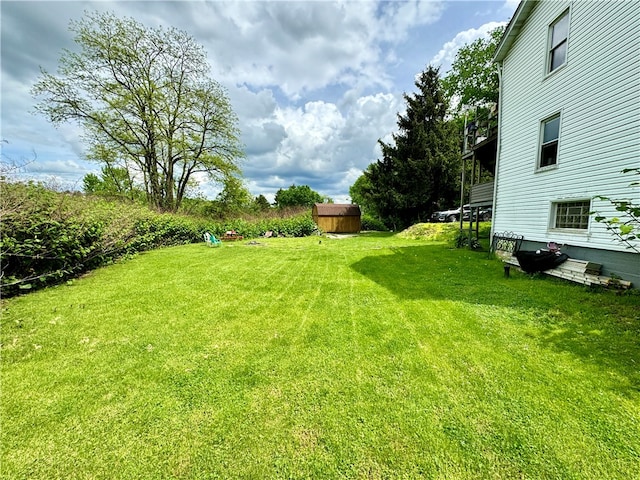 view of yard with a storage unit