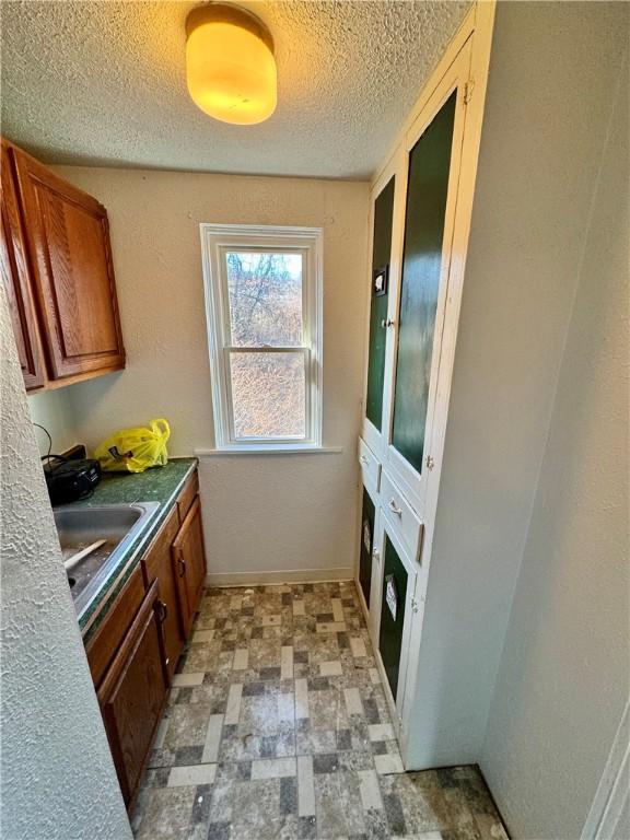 interior space featuring sink and a textured ceiling