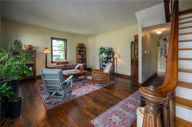 living room featuring dark wood-type flooring