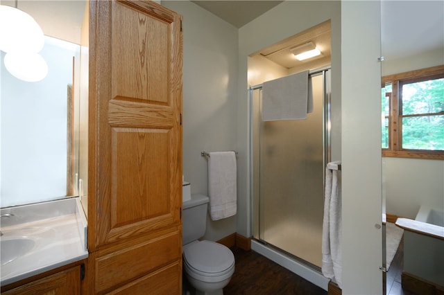 bathroom featuring a shower with door, vanity, and toilet