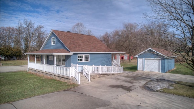 view of front of house with a garage, an outdoor structure, a porch, and a front lawn