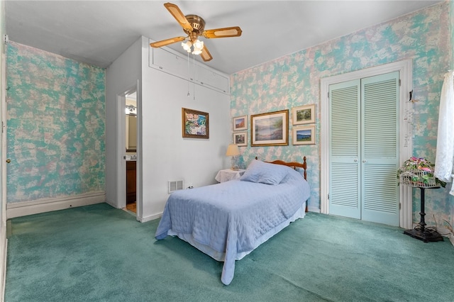 bedroom featuring ceiling fan and carpet flooring