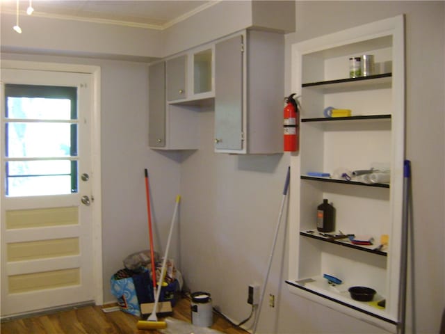 interior space featuring hardwood / wood-style floors and crown molding