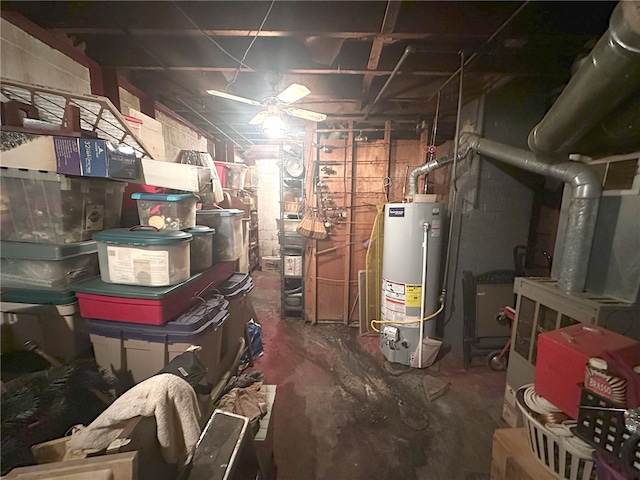 basement with water heater and ceiling fan