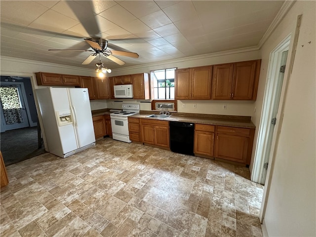 kitchen featuring white appliances, sink, ceiling fan, and light tile floors