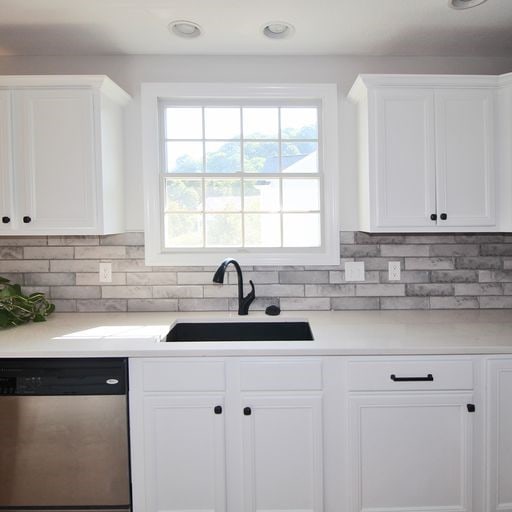 kitchen featuring backsplash, white cabinets, sink, and stainless steel dishwasher