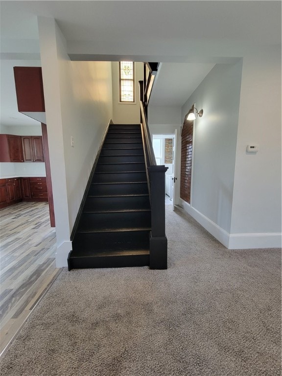 stairs with light hardwood / wood-style floors