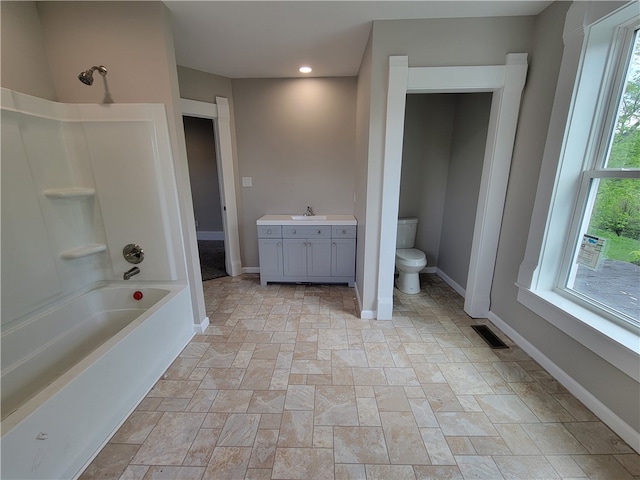 full bathroom featuring vanity, tile flooring, shower / bath combination, and toilet