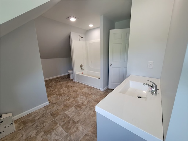 full bathroom featuring tile floors, washtub / shower combination, toilet, and vanity