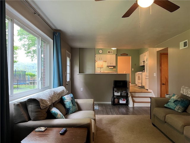 living room with ceiling fan, wood-type flooring, and a healthy amount of sunlight