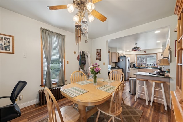 dining area with sink, ceiling fan, and dark hardwood / wood-style flooring